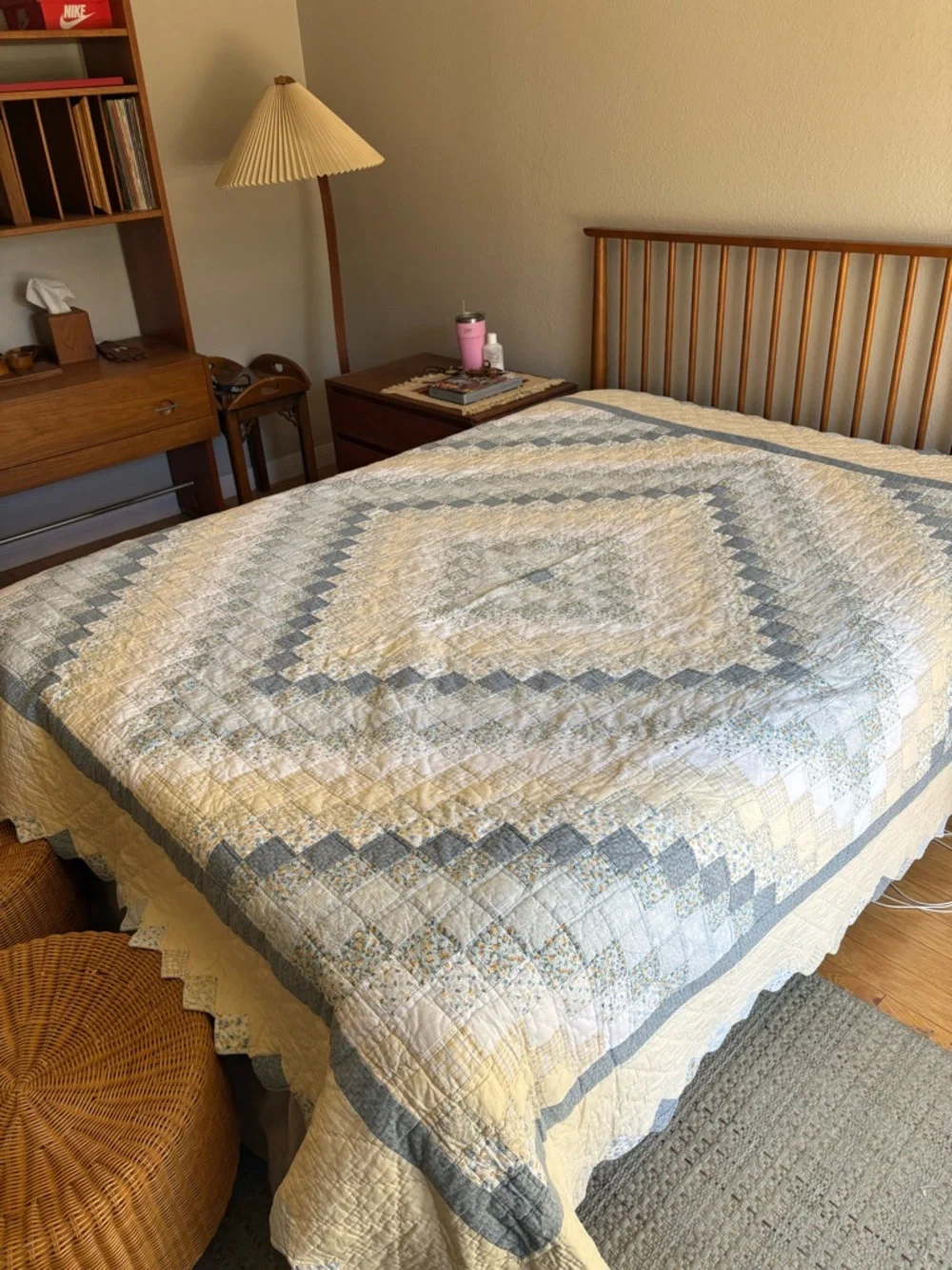 Classic Quilted Bedspread in Cream and Light Blue Handmade Vintage